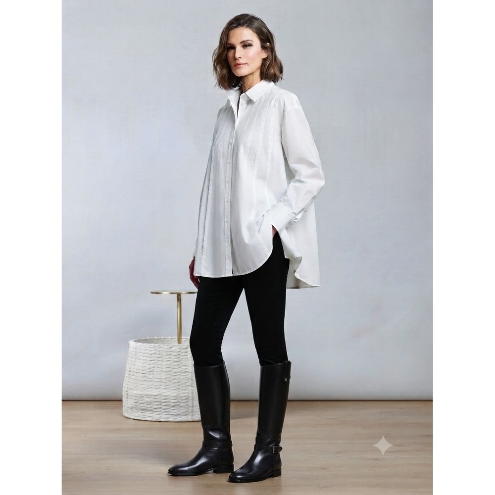 Hana San Women's White Cotton Pintuck Oversized Tunic Shirt - Sz EU‎ 42 (12-14)